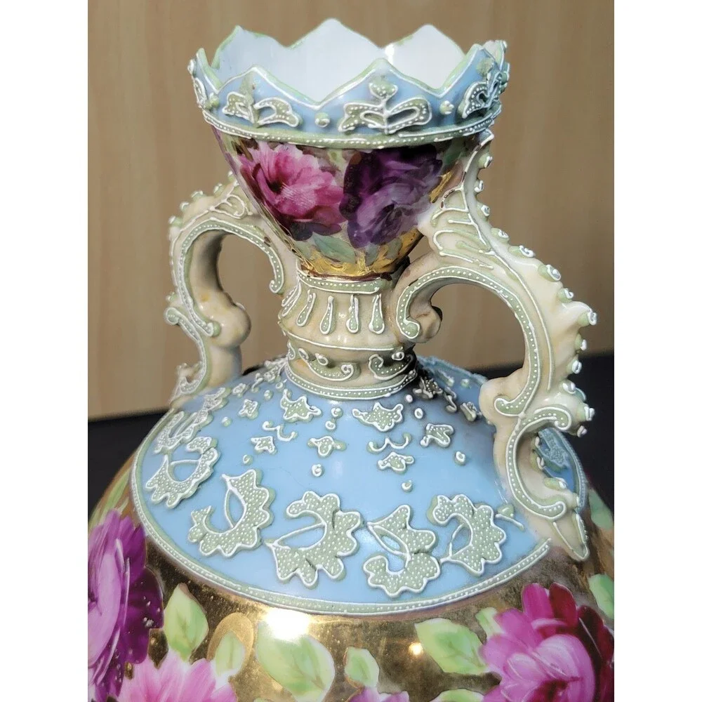 Antique Nippon Moriage Early Hand Painted Twisted Handle Floral Vase